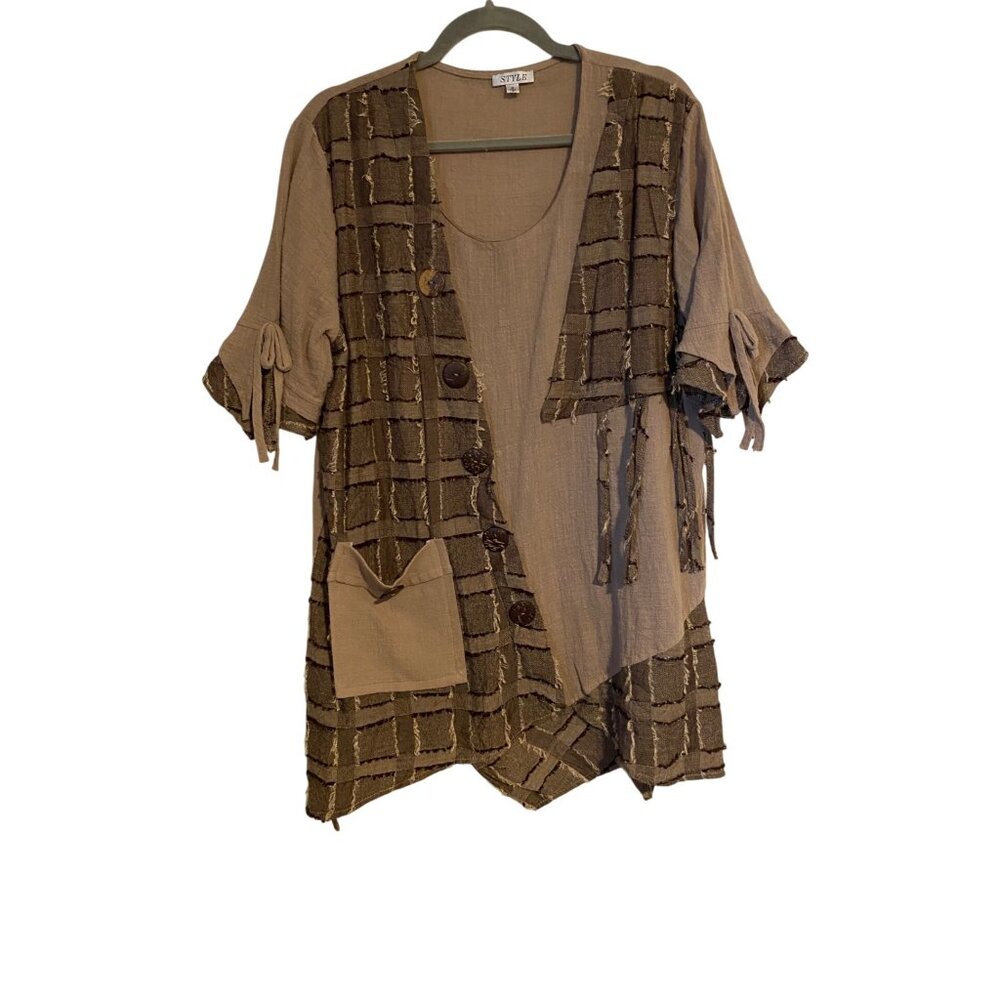 Style Top Women's S Brown Beige Top Button Detail Tie Sleeves Lagenlook Bohemian